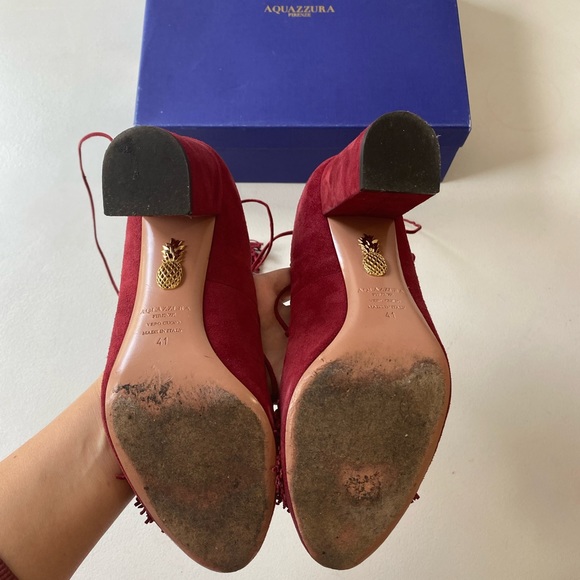 Aquazzura Burgundy Suede Fringe Wild Thing Pumps Lace Up Heels - Picture 10 of 11